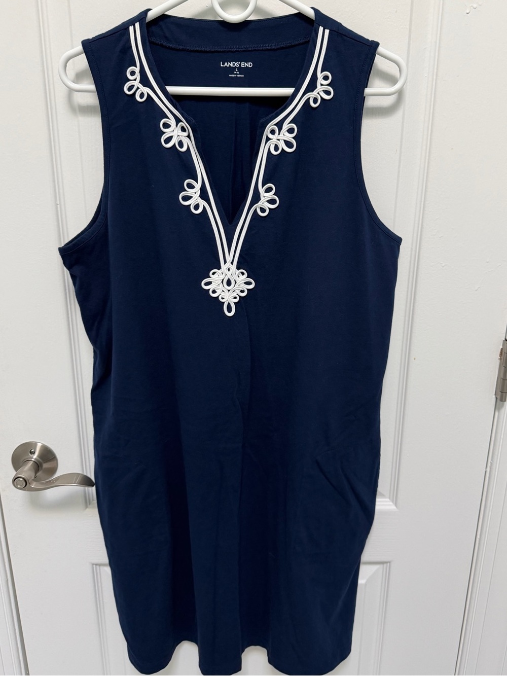 Lands' End Women's Navy & White V-Neck Sleeveless Swim Coverup,2 Pockets,Size 14